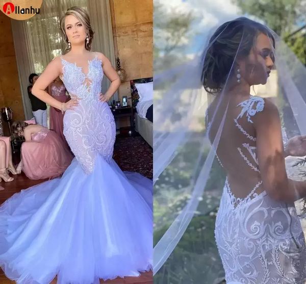 Árabe Aso Ebi Vestidos de novia de sirena vintage sexy Vestidos de novia con cuello transparente con cuentas de encaje Vestidos de boda sin espalda baratos BC15203