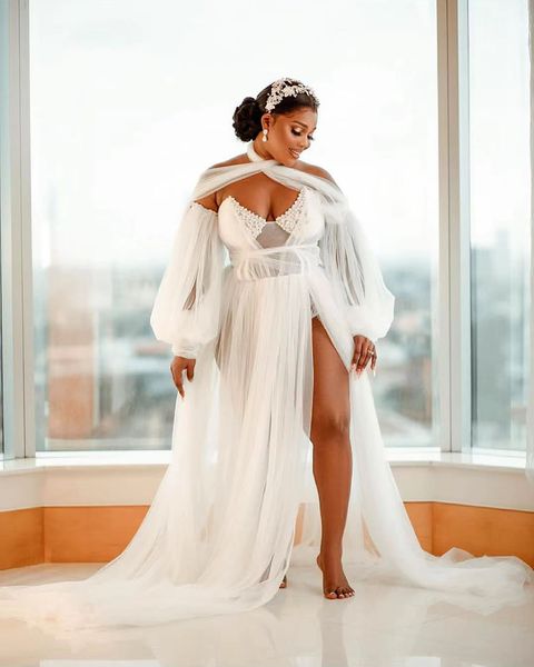 Arabe aso ebi robes de mariée blanches sexy 2024 Nouvelle robe nuptiale africaine A-line pour les mariées mariage à l'épaule des manches longues perles tulle vestidos de novia