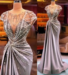Arabische Aso Ebi zilveren zeemeermin luxe galajurken pure hals kralen kristallen avond formele partij tweede receptie jurken jurk 0201
