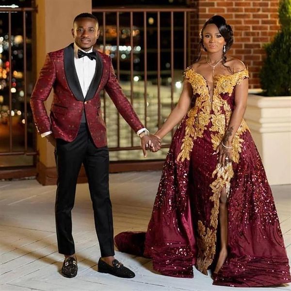 Arabe Aso Ebi Style Bourgogne Paillettes Robes De Bal Avec Dentelle D'or Hors Épaule Plus La Taille Soirée Formelle Deuxième Réception Gow257d