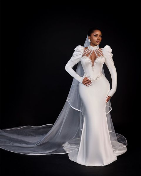 Árabe aso ebi vintage 2024 Africa White Mermaid Vestidos de novia para la novia Manga de hojaldre largo de cuello