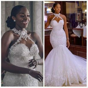 Arabe Aso Ebi Vintage en dentelle Robe de mariée perlée Sheer Cou Mermaid Robes Bridal Robes de mariage bon marché2089