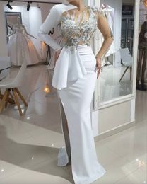 Arabisch aso ebi wit kanten kralen sexy avondjurken hoge gesplitste prom jurken lange mouwen formele feest tweede receptie jurken