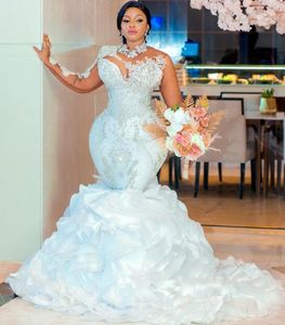 Árabe Aso Ebi sirena blanca vestidos de novia con tren desmontable gillter cristales con cuentas ilusión manga larga vestidos de novia