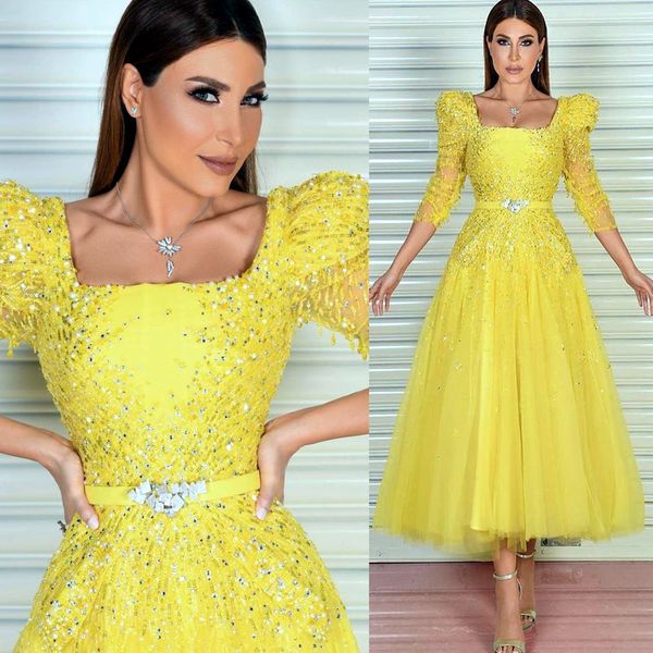Arabic ASO EBI Amarillo A-Line Prom Vestidos Pearls Cristales con cuentas Fiesta Forma Formal Segunda recepción Cumpleaños de la dama de honor vestidos de vestidos ZJ006 407