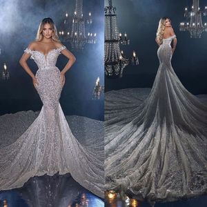 Arabe Aso exquise Ebi sirène robes de mariée blanc hors de l'épaule dentelle luxueux longue Train robes de mariée robe