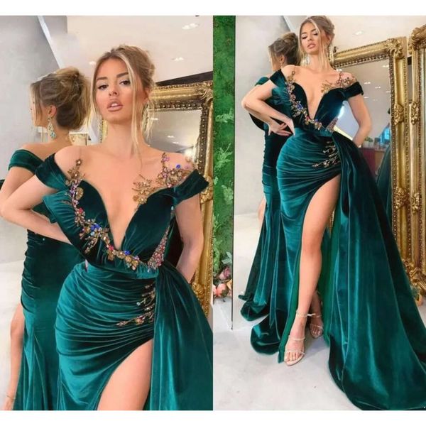 Arabe Aso Veet Ebi Robes De Bal Sirène Longue Peplum Cristaux Scintillants Perlés Épaule Robes De Réception De Soirée Sexy Split Plus La Taille Robes