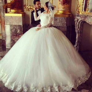Arabische bal Dubai jurk jurk schep schep nek lange mouwen applique kanten gelaagde tule hof trein bruiloft bruidsjurken custom s custom s