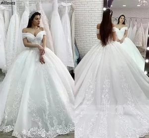 Arabisch Bal Dubai Prinsessenjurk Trouwjurken Sexy Off-the-shoulder Kant Appliqués Bruidsjurken Sweep/Brush train Veters Terug Gezwollen vestidos de novia Grote maten s -up