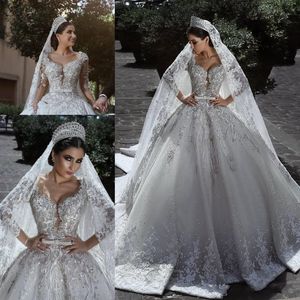 Arabische baljurk trouwjurken 2018 glamoureuze lange mouwen tule kralen pailletten appliques korset bruidsjurken ba7970