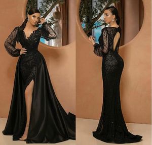 Arabische zwarte zeemeermin avondjurken met afneembare trein v nek kanten pailletten prom jurk lange mouwen luxe gewaad de soiree