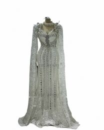 Arabische Caftan Style Ivory Lace Evening Dres met Cape Duabi Moslim Daman LG gewaden Parels Galadijs Gala partyjurken T0CO#