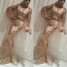 Arabisch Champagne Memaid Avondjurk Schede Toga Lange Mouwen Formele Pageant Prom Dresses 2020 Custom Made254R