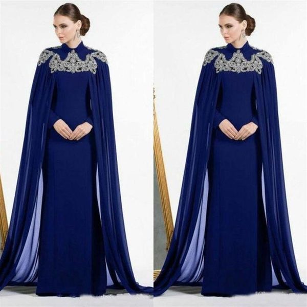 Vestidos de noche árabes de Dubai azul oscuro con capa con cuentas Cuello alto Vestido de fiesta largo de sirena ajustado Manga larga Kaftan Marruecos Mamá Dr245E