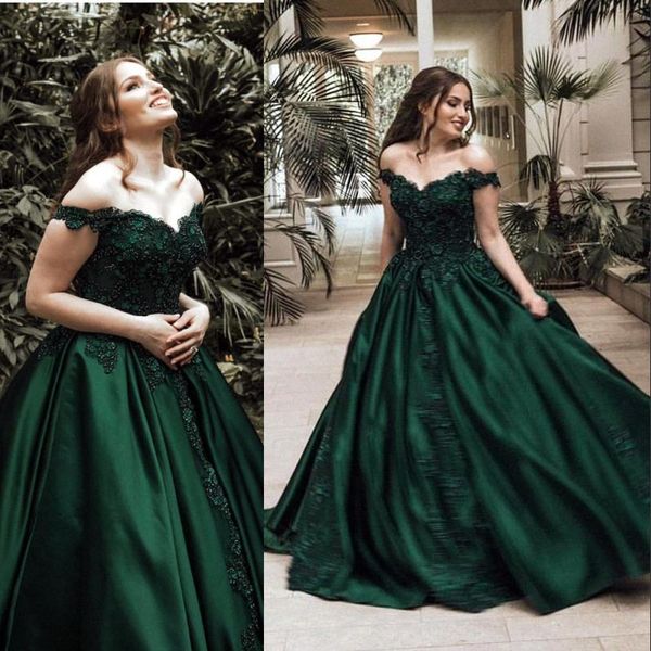 Vestidos de noche del vestido de bola verde oscuro árabe formal elegante Off Shoulders apliques de satén con lentejuelas Vestidos de fiesta larga del desfile BC0009