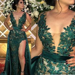 Arabe vert foncé robes de bal dentelle longues robes de soirée avec jupe col en V tulle applique fendue illusion étage robe de soirée formelle