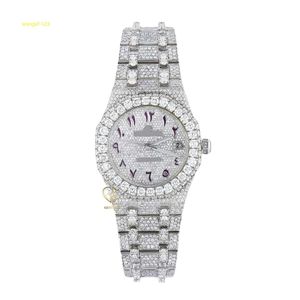 Cadran arabe de qualité supérieure antique glacé VVS clarté moissanite cloutée diamant montre de luxe en acier inoxydable pour homme