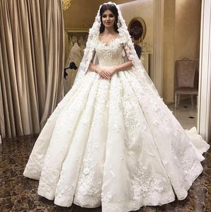 Arabische Dubai Kralen Kant Baljurk Trouwjurken 3D-Bloemen Applicaties Schoudervrij Bruidsjurk Kapel Trein Bruidsjurken Voor Bruiden