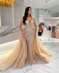 Arabische Dubai Champagne Mermaid avondjurken met afneembare rok luxueuze kralen kristallen parels cap mouw lange prom feestjurken bc18646