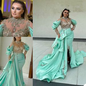 Arabisch Dubai Crystal Mermaid Avondjurken Kralen Juweel Hals Lange Mouw Partyjurken Rode Tapijt Mode Prom Quinceanera Jurk