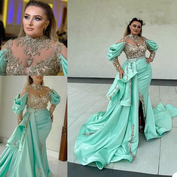 Arabe Dubaï Cristal Sirène Robes De Soirée Perles Jewel Cou À Manches Longues Robes De Soirée Tapis Rouge De Mode De Bal Quinceanera Robe