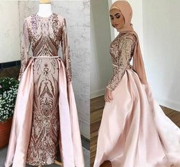 Robes de soirée arabes de Dubaï avec train détachable robes de soirée musulmanes sans hijab caftan abaya manches longues col rond paillettes Prom249e