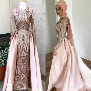 Vestidos de noche árabes de Dubai con tren desmontable Vestidos de noche musulmanes sin Hijab kaftan abaya Manga larga O Cuello Lentejuelas Prom198K