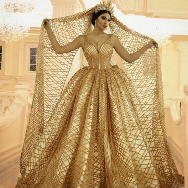 Robes de mariée en or arabe Dubaï avec voile à paillettes de mariée sexy