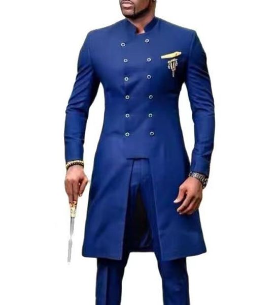 Arabe Dubaï Col Haut Costumes Pour Hommes Smokings De Mariage Veste Longue Slim Fit Marié Porter Bleu Royal Blanc Prom Party Blazer Double Boutonnage 2 Pièces Costume De Dîner