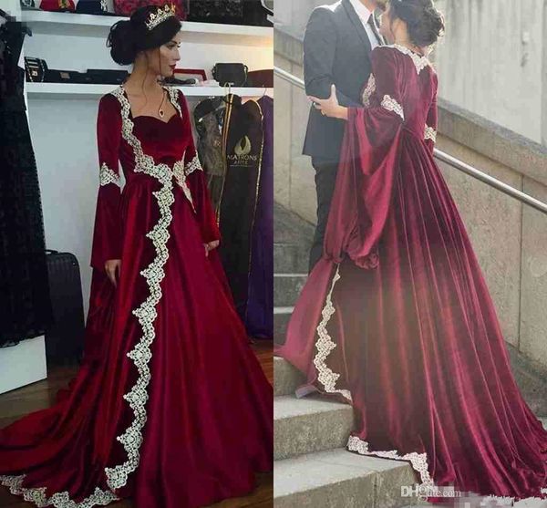 Robes caftan tenue de soirée 2019 arabe dubaï manches longues robes de bal chaud bordeaux velours avec Appliques robe de soirée Vintage