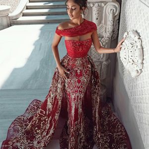 Arabe Dubaï Sirène Robes De Soirée Or Appliques Robes De Soirée Avec Train Détachable Tapis Rouge Mode Robe De Bal Vestidos