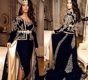 Arabische Dubai Mermaid Avondjurken Sexy Side Slit Fluwelen Lange Mouwen Outfit Applique Kant Prom-jurken Moslim Formele Party Custom Made