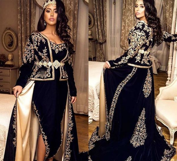 Arabe Dubaï Sirène Robes De Soirée Sexy Côté Fente Velours Manches Longues Tenue Applique Dentelle Robes De Bal Musulman Formelle Partie Sur Mesure