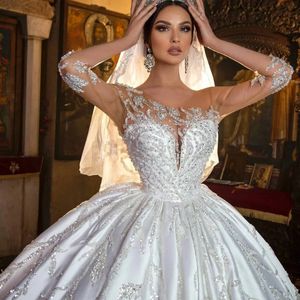 Arabische Dubai prinses trouwjurk illusie mouwen appliques satijn kralen satijnen veter omhoog bruidsjurken op maat gemaakte vestidos de novias