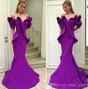 Arabe Dubaï violet sirène robes de bal hors épaule volants balayage train robes de soirée robe de soirée robe de soirée tenue de soirée ogstuff