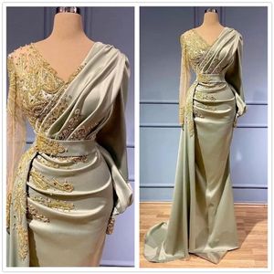 Arabe Dubaï col en V satin sirène robe de soirée pure manches longues perlée froncé longueur de plancher robes de soirée formelles robes d'occasion spéciale