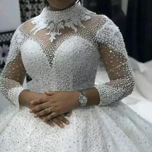 Arabische Dubai Dames Trouwjurk 2023 Hoge Hals Illusie Lange Mouwen Kralen Parels Afrikaanse Puffy Prinses Bruidsjurk Vestidos De Novia Custom Made