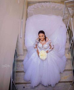 Arabisch Dubai Dames Trouwjurk 2023 Illusie Lange Mouwen Kralen Kristal Kant Afrikaanse Puffy Prinses Bruidsjurk Vestidos De Novia Custom Made