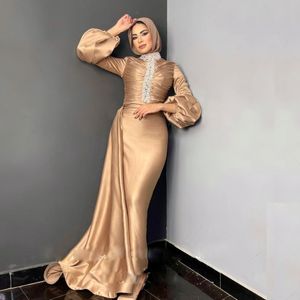 Arabische Dubai Dames Avondjurken Moslim Hoge Hals Kralen Formele Jurk Lange Mouw Plooi Zeemeermin Kafan Prom Jurk Met Hib 326 326