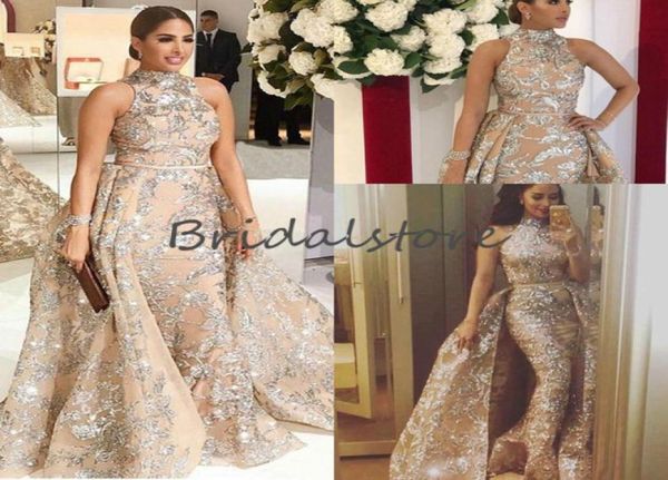 Arabe Dubaï Yousef Aljasmi Robes De Soirée Avec Jupe Détachable Élégant Col Haut Paillettes Dentelle Sirène Robes De Bal Pas Cher Sleev5567958