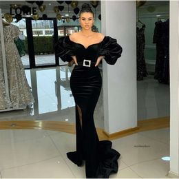 Vestidos de noche árabe Black Off Shoulder Long Hopfy Manges Veet Mermaid Prom Gown Party Dress Abendkleider 2021 0431