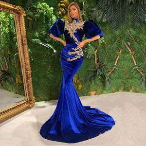 Arabische avondjurken gouden appliques kralen fluwelen zeemeermin prom jurk blauw beroemde feestjurk Vestido de fiesta largo