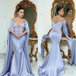 Robes de soirée arabes à manches de poète dentelle applique sirène africain plus taille jow coude perle forme de bal de bal formel satin vestido 403