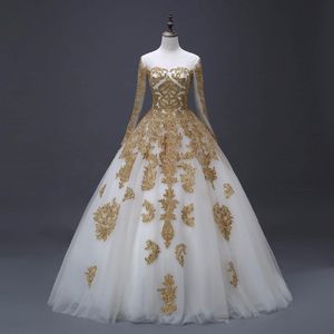 Arabische gouden appliques baljurk trouwjurken met lange mouwen nieuwe echte foto's prinses Dubai trouwjurken op maat gemaakt 288Q