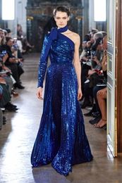 Árabe magnífico Dubai Elie Saab Royal Blue A Línea Vestidos de noche Sequined Open Back One Shoulder Party Pageant Celebrity Prom Vestido