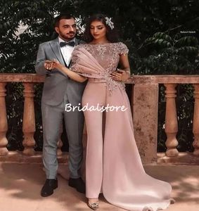 Arabische jumpsuit pant prom jurken met trein korte mouwen bloemen kanten roze avondjurk 2023 kalkoen formele feestbetrokkenheid dames gewaden de soiree Vestios festia