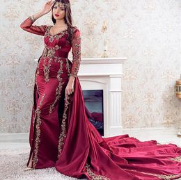 Caftan arabe bordeaux robes de soirée sirène avec train détachable devant fendu manches longues robes de bal en satin appliques