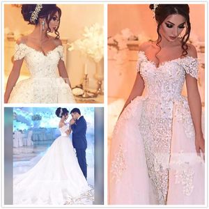 Arabische kanten jurken Off-the-shoulder appliqués kralen parels trouwjurk afneembare rok plus size bruidsjurken Robe de Mariee 329 329