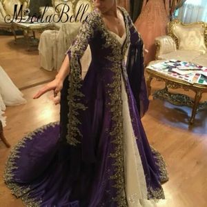 Arabische kant lange mouwen prom jurken met borduurwerk moslim Dubai feestjurken 2018 glamoureuze paars Turkse avondjurken formele slijtage