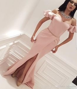 Arabic Light Pink Mermaid Prom Dresses Long 2019 Off Shoulder Front Split Bubble-Sleeves Floor Length Formal Evening Dress ogstuff